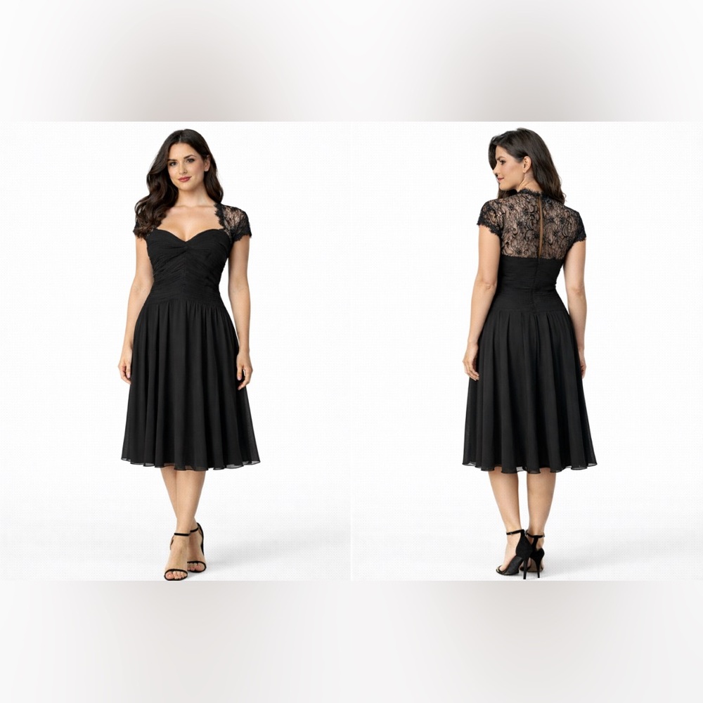 Tadashi Dress 14 Black Silk Flowy A Line Cap Lace Sleeve Wedding Party Cruise